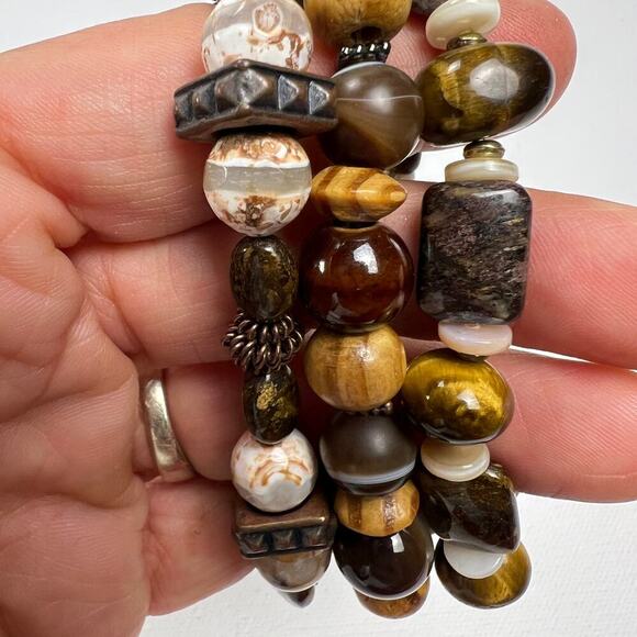 Handmade Beaded Bracelet Trio Chunky Brown Earth Tones Mixed Metals Wood - Picture 3 of 7